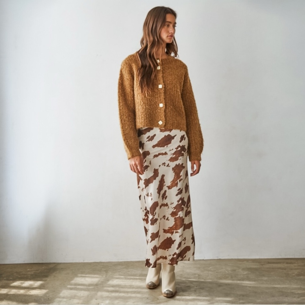 Chic Satin Brown and White Cow Print Midi Western Skirt - Picture 5 of 5